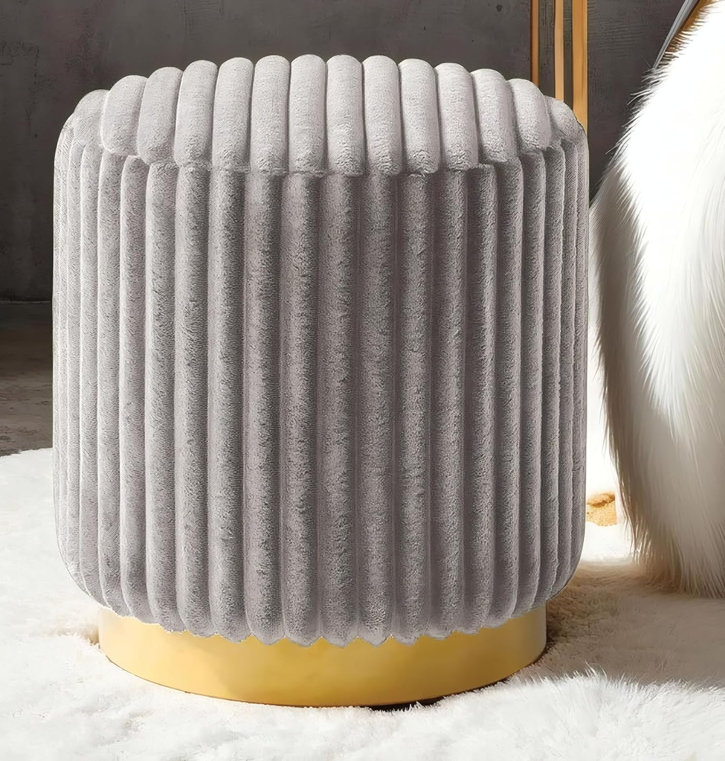 Gold Base Tufted Round Fur Stool